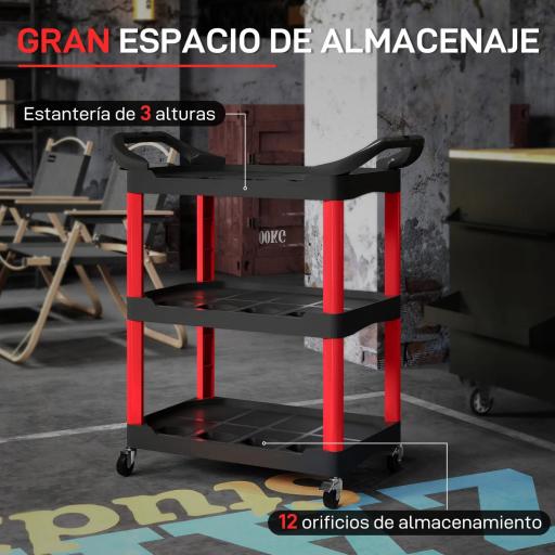 Carro de Herramientas con 3 Estantes Ruedas y Asas para Garaje Mecánico Hogar Carga 91 kg Rojo y Negro [6]