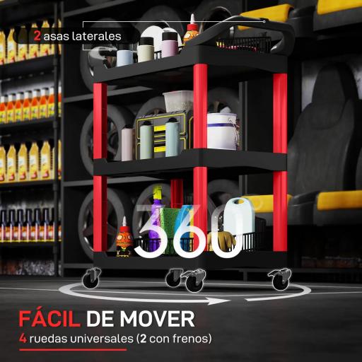 Carro de Herramientas con 3 Estantes Ruedas y Asas para Garaje Mecánico Hogar Carga 91 kg Rojo y Negro [5]
