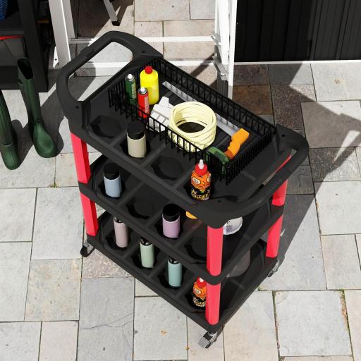 Carro de Herramientas con 3 Estantes Ruedas y Asas para Garaje Mecánico Hogar Carga 91 kg Rojo y Negro [7]