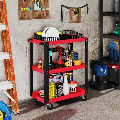 Carro de Herramientas con 3 Estantes Ruedas y Asas para Garaje Mecánico Hogar Carga 120 kg Rojo y Negro