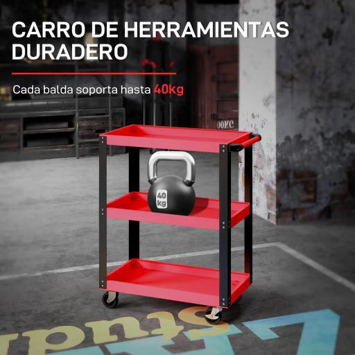 Carro de Herramientas con 3 Estantes Ruedas y Asas para Garaje Mecánico Hogar Carga 120 kg Rojo y Negro [2]