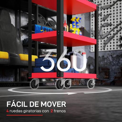 Carro de Herramientas con 3 Estantes Ruedas y Asas para Garaje Mecánico Hogar Carga 120 kg Rojo y Negro [3]