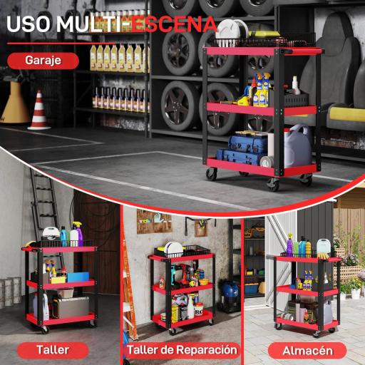 Carro de Herramientas con 3 Estantes Ruedas y Asas para Garaje Mecánico Hogar Carga 120 kg Rojo y Negro [4]