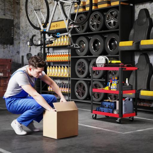 Carro de Herramientas con 3 Estantes Ruedas y Asas para Garaje Mecánico Hogar Carga 120 kg Rojo y Negro [5]