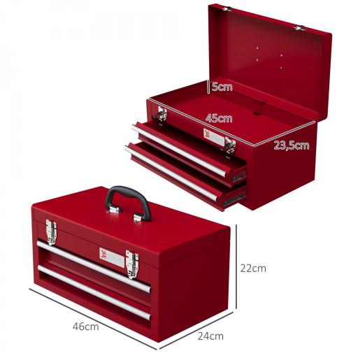 Caja de Herramientas de Acero con 2 Cajones Bandeja Tapa Abatible Cierres Metálicos y Asa 46x24x22 cm Rojo [1]