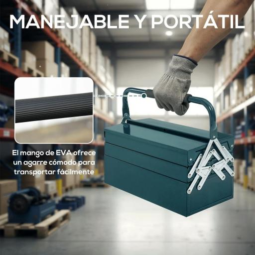 Caja de Herramientas Metálica Plegable con 5 Bandejas y Asa para Taller Garaje 45x20x34,5 cm Verde Oscuro [2]