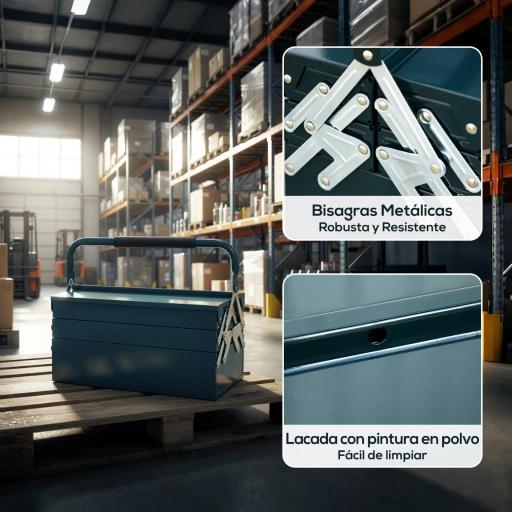 Caja de Herramientas Metálica Plegable con 5 Bandejas y Asa para Taller Garaje 45x20x34,5 cm Verde Oscuro [3]