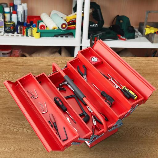 Caja de Herramientas de Acero Plegable Portátil con 5 Compartimentos y Mango de Transporte para Taller Bricolaje Hogar 56x20x41 cm Rojo