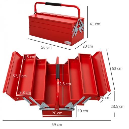 Caja de Herramientas de Acero Plegable Portátil con 5 Compartimentos y Mango de Transporte para Taller Bricolaje Hogar 56x20x41 cm Rojo [4]