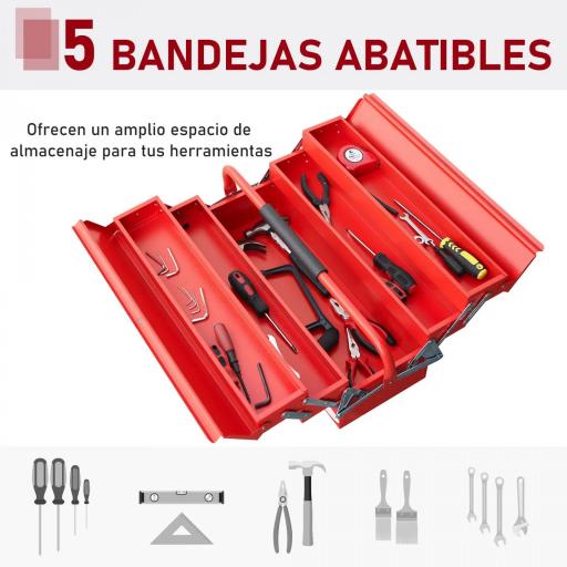 Caja de Herramientas de Acero Plegable Portátil con 5 Compartimentos y Mango de Transporte para Taller Bricolaje Hogar 56x20x41 cm Rojo [3]