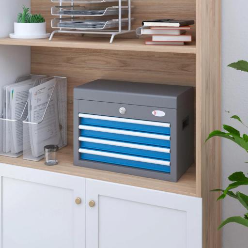Caja de Herramientas Metálica con Cerradura 4 Cajones y Bandeja Superior Asa Lateral 20Kg Capacidad 45x24,5x32,5 cm Gris