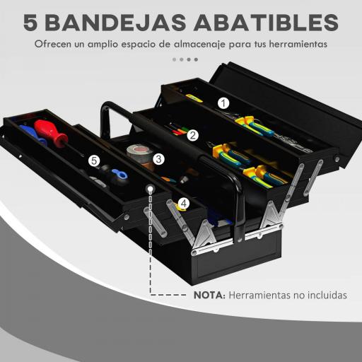 Caja de Herramientas Metálica Plegable con 5 Bandejas y Asa para Taller Garaje 45x20x34,5 cm Negro [3]