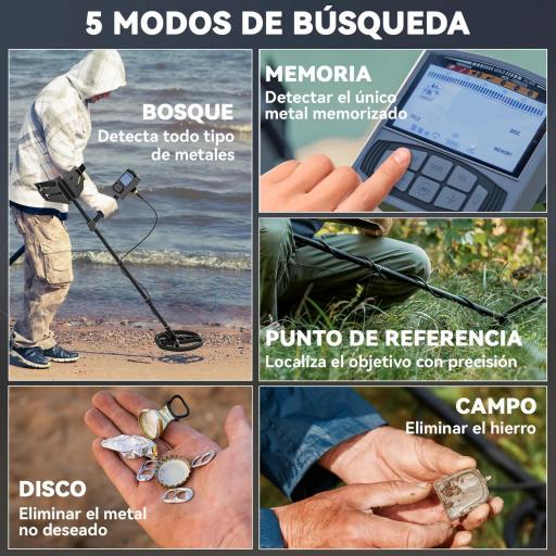 Detector de Metales con Batería 5 Modos de Uso IP68 y Pantalla Retroiluminada Chip DSP 28x21x48-130 cm Gris Oscuro [4]