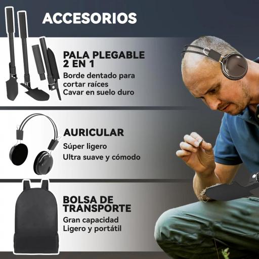 Detector de Metales con Batería 5 Modos de Uso IP68 y Pantalla Retroiluminada Chip DSP 28x21x48-130 cm Gris Oscuro [7]