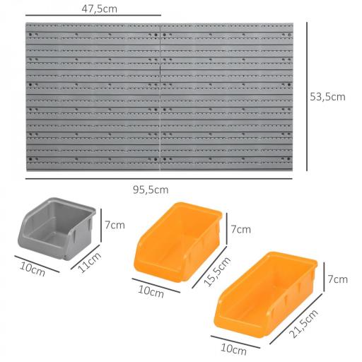 Estantería de Pared para Herramientas 95x54 cm con 28 Cajas Apilables y Diferentes Ganchos Gris y Naranja [1]