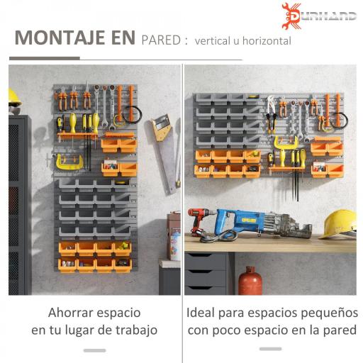 Estantería de Pared para Herramientas 95x54 cm con 28 Cajas Apilables y Diferentes Ganchos Gris y Naranja [2]
