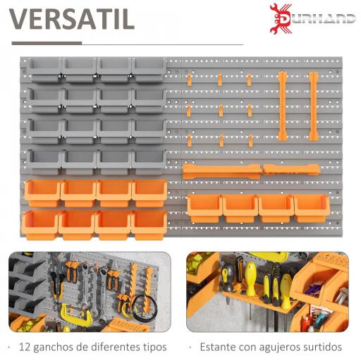 Estantería de Pared para Herramientas 95x54 cm con 28 Cajas Apilables y Diferentes Ganchos Gris y Naranja [4]