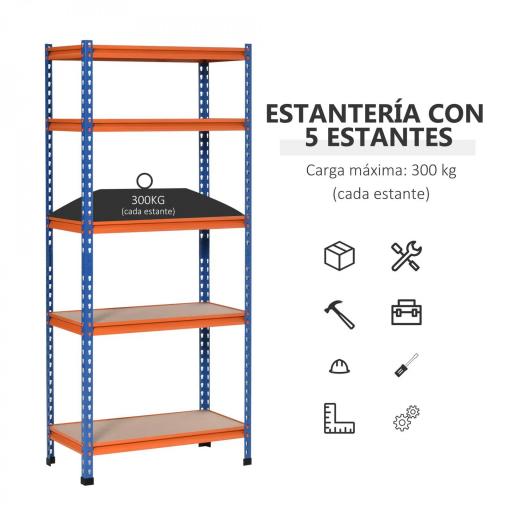 Estantería Metálica de Almacenaje 80x40x182 cm con 5 Niveles Ajustables en Altura Carga Máxima por Estante 300 kg para Almacén Garaje Taller Azul y Naranja [2]