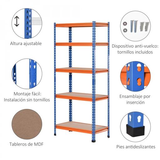 Estantería Metálica de Almacenaje 80x40x182 cm con 5 Niveles Ajustables en Altura Carga Máxima por Estante 300 kg para Almacén Garaje Taller Azul y Naranja [4]