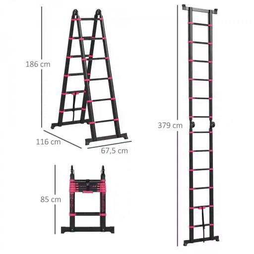 Escalera de Aluminio Plegable 2 Formas de Uso con 12 Escalones Antideslizantes Carga 150 kg 379x67,5x11 cm Negro y Rojo [1]