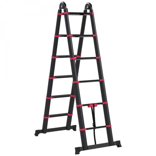 Escalera de Aluminio Plegable 2 Formas de Uso con 12 Escalones Antideslizantes Carga 150 kg 379x67,5x11 cm Negro y Rojo [9]