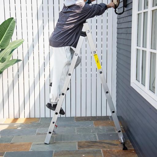 Escalera Aluminio Triangular de Tijera Plegable Portátil 2 Formas de Uso Pie Antideslizante Altura 160-249 cm Plata