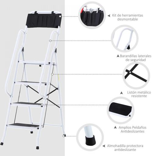 Escalera Plegable de 4 Peldaños Escalera de Tijera con Apoyabrazos y Portaherramientas 50x83x155 cm Blanco y Negro [2]