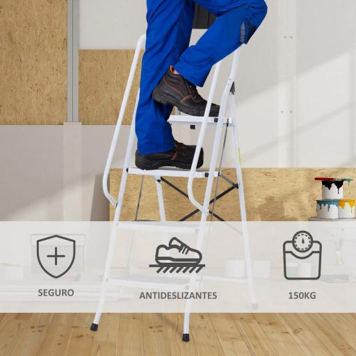 Escalera Plegable de 4 Peldaños Escalera de Tijera con Apoyabrazos y Portaherramientas 50x83x155 cm Blanco y Negro [4]