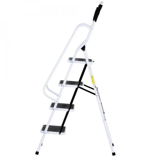 Escalera Plegable de 4 Peldaños Escalera de Tijera con Apoyabrazos y Portaherramientas 50x83x155 cm Blanco y Negro [8]