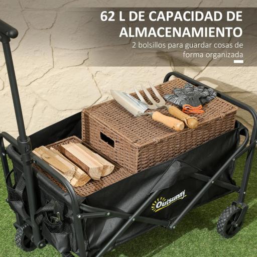 Carro de Jardín Plegable con Ruedas Asa Telescópica Ajustable Carga 120 kg para Campaña Compra 64x42x27 cm Negro [2]