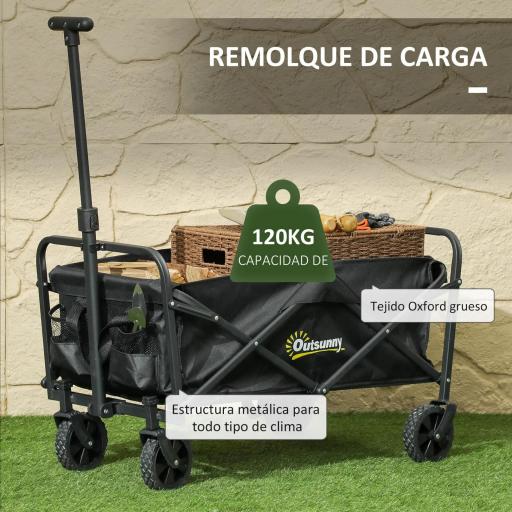 Carro de Jardín Plegable con Ruedas Asa Telescópica Ajustable Carga 120 kg para Campaña Compra 64x42x27 cm Negro [6]