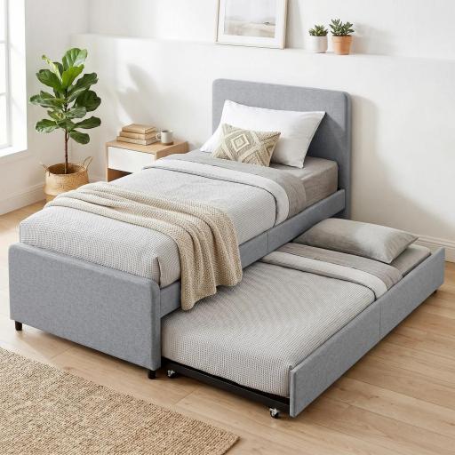 Cama Nido Individual 90x190 cm Estructura de Cama Tapizada en Lino con Cabecero y Piecero Listones de Madera Gris Claro [3]