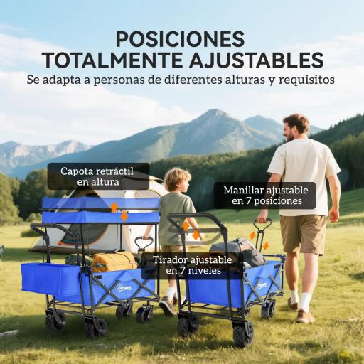 Carro de Transporte Plegable con Toldo y Asa Telescópica Carga Máx. 68 kg para Playa Camping 117x55x98cm Azul [5]