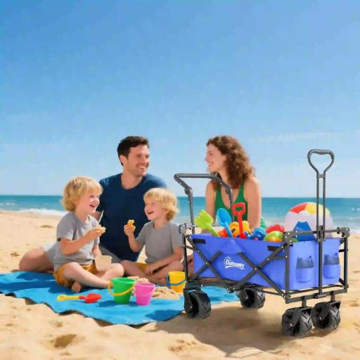 Carro de Transporte Plegable con Toldo y Asa Telescópica Carga Máx. 68 kg para Playa Camping 117x55x98cm Azul [7]