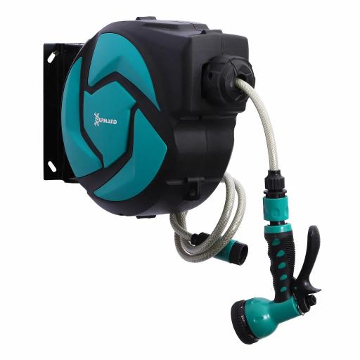 Carrete para Manguera Retráctil 10m con 7 Modos de Riego Sistema de Enrollado Automático con Bloqueo Conector de 1m para Jardín Césped 28x14x34 cm Negro y Verde [8]