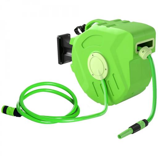 Carrete para Manguera 15M+1,5M Soporte Mural Portamanguera Roll-up Automático Giratorio 180° con Pistola de Pulverización Gran Alcance Base de Pared Conector de Manguera para Jardín Terraza [9]