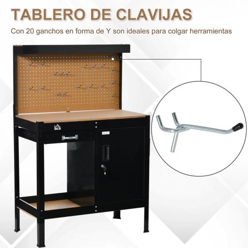 Banco de Trabajo con Panel Perforado Cajón Estante y Armario con Cerradura para Taller o Hogar 98,5x48x140 cm Negro [2]