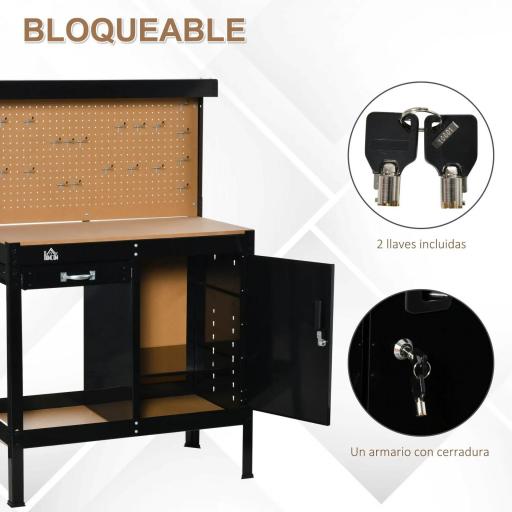 Banco de Trabajo con Panel Perforado Cajón Estante y Armario con Cerradura para Taller o Hogar 98,5x48x140 cm Negro [4]