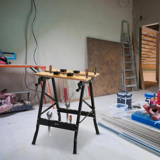 Banco de Trabajo Plegable Mesa de Trabajo Portátil con 4 Abrazaderas Agujeros para Sierra Uso Doméstico Carpintería Hierro MDF Soporta 70 kg 56x62x75 cm Natural Negro