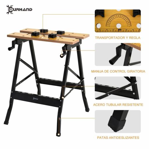 Banco de Trabajo Plegable Mesa de Trabajo Portátil con 4 Abrazaderas Agujeros para Sierra Uso Doméstico Carpintería Hierro MDF Soporta 70 kg 56x62x75 cm Natural Negro [3]