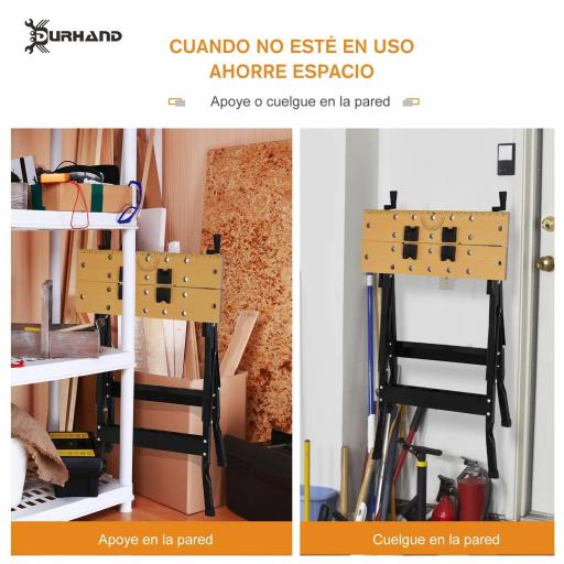 Banco de Trabajo Plegable Mesa de Trabajo Portátil con 4 Abrazaderas Agujeros para Sierra Uso Doméstico Carpintería Hierro MDF Soporta 70 kg 56x62x75 cm Natural Negro [2]