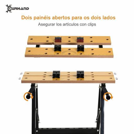Banco de Trabajo Plegable Mesa de Trabajo Portátil con 4 Abrazaderas Agujeros para Sierra Uso Doméstico Carpintería Hierro MDF Soporta 70 kg 56x62x75 cm Natural Negro [4]
