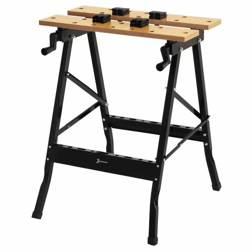 Banco de Trabajo Plegable Mesa de Trabajo Portátil con 4 Abrazaderas Agujeros para Sierra Uso Doméstico Carpintería Hierro MDF Soporta 70 kg 56x62x75 cm Natural Negro [8]