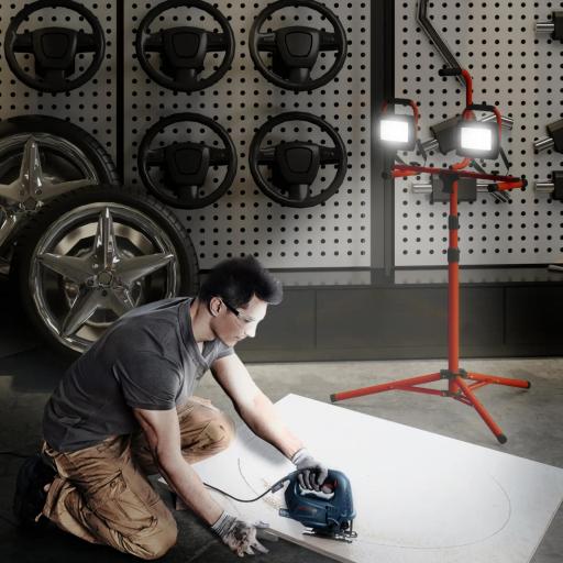 Foco LED Doble con Trípode Plegable 8500 Lúmenes IP65 6500K y Cabezas Ajustables para Trabajo Interior y Exterior Rojo