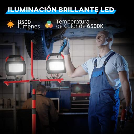 Foco LED Doble con Trípode Plegable 8500 Lúmenes IP65 6500K y Cabezas Ajustables para Trabajo Interior y Exterior Rojo [4]