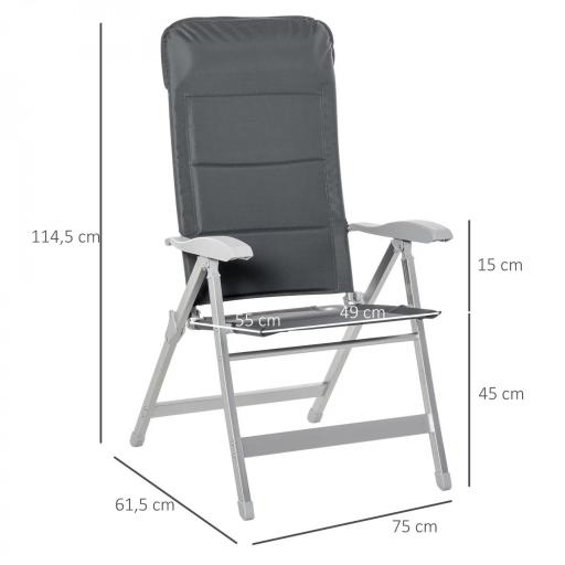 Silla de Jardín Plegable Portátil de Aluminio con Respaldo Alto Ajustable en 7 Posiciones y Reposacabezas Acolchado para Exterior Terraza Camping 75x61,5x114,5 cm Gris [1]