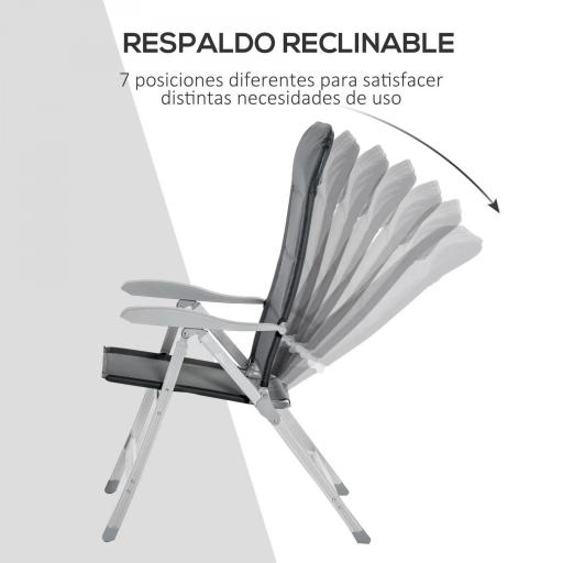 Silla de Jardín Plegable Portátil de Aluminio con Respaldo Alto Ajustable en 7 Posiciones y Reposacabezas Acolchado para Exterior Terraza Camping 75x61,5x114,5 cm Gris [2]