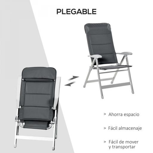 Silla de Jardín Plegable Portátil de Aluminio con Respaldo Alto Ajustable en 7 Posiciones y Reposacabezas Acolchado para Exterior Terraza Camping 75x61,5x114,5 cm Gris [5]