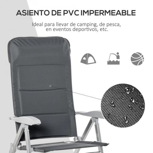 Silla de Jardín Plegable Portátil de Aluminio con Respaldo Alto Ajustable en 7 Posiciones y Reposacabezas Acolchado para Exterior Terraza Camping 75x61,5x114,5 cm Gris [3]