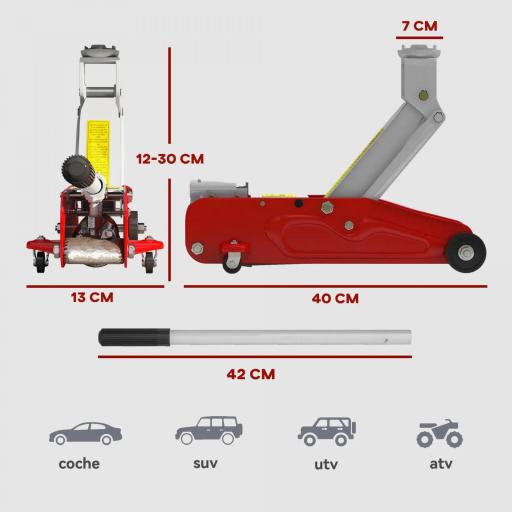 Gato Hidráulico de 2 Toneladas con Altura Ajustable 12-30 cm y 4 Ruedas para Apoyar Coches Rojo y Amarillo [1]